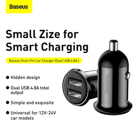 Tẩu sạc 2 cổng USB dùng trên xe hơi Baseus Grain Pro Car Charger (5V/ 4.8A, Dual USB Port Auto Quick charger)