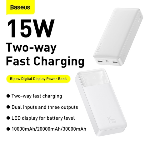 Sạc Dự Phòng Baseus Bipow 15W | 10K / 20K / 30K mAh, Màn Hình LED Báo Pin, Sạc 3 Cổng
