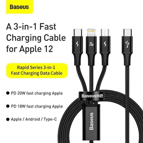 Cáp sạc 3 đầu Baseus Rapid Series 3-in-1 PD 20W (Type C to Type C / Lightning/ Micro USB, Fast Charging & Data Cable )