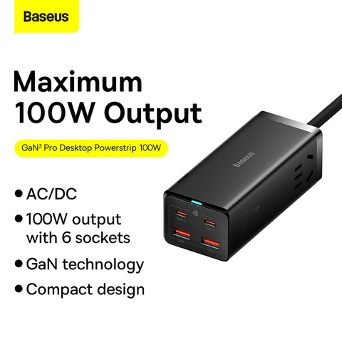 Cốc Sạc Nhanh Baseus 100W GaN3 Pro Desktop Powerstrip 6 in 1 AC 100V-220V (2AC+2U+2C) (Type-C To Type-C 100W（20V/5A）)