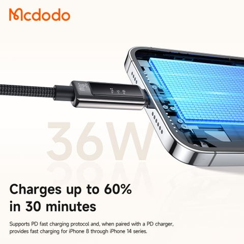 Cáp Sạc Mcdodo Vision Màn Hình OLED | Type-C to Ln 36W, Hợp Kim Kẽm, Dây Dù Bền Bỉ