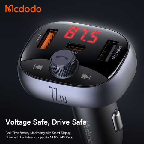 Tẩu Sạc Mcdodo CarGo 72W 3 Cổng | 2USB + Type-C, Phát Nhạc Qua Sóng FM, Sạc Nhanh