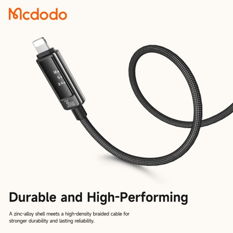 Cáp Sạc Mcdodo Vision Màn Hình OLED | Type-C to Ln 36W, Hợp Kim Kẽm, Dây Dù Bền Bỉ