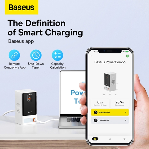 Bộ Sạc Nhanh OS-Baseus PowerCombo Digital PowerStrip 2AC+1U+1C+Retractable-C 65W Smart Version (Điều khiển qua ứng dụng, Dây cắm dài 1.5m, chân cắm tròn)