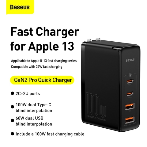 Bộ sạc nhanh Baseus GaN2 Pro Quick Charger 4 Ports (100W, Type C*2 & USB*2, PD/ QC3.0/ QC4+/ PPS/ SCP/ FCP/ AFC/ Apple 2.4/ BC1.2, Multi Quick charge protocol support)