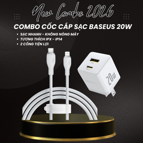 Combo Cốc Cáp Sạc Baseus 20W - Sạc Nhanh - Không Nóng Máy (Cốc Type-C + USB, Cáp Type-C to Ln 1m)