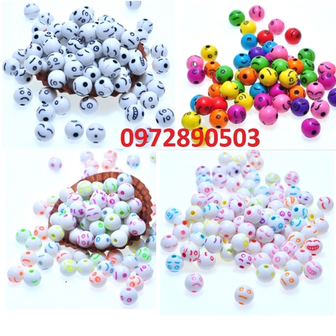 10-50 hạt nhựa in mặt cảm xúc 8mm, mặt cười có lỗ xỏ vòng hạt, tráng trí thủ công tùy thích