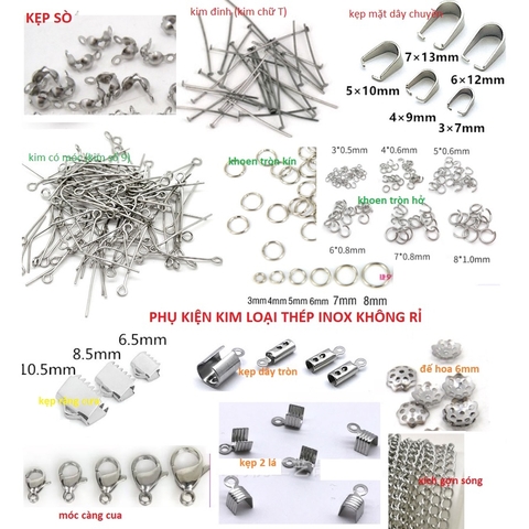 10 cái phụ kiện làm vòng tay,vòng cổ handmade thép Inox KHÔNG RỈ, móc càng cua, khoen tròn, kim xỏ, ốp hoa, kẹp đầu dây