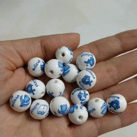 10viên gốm sứ in hoa trắng xanh