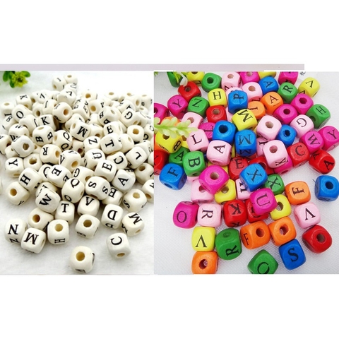 50-80 hạt gỗ chữ vuông 8mm-10mm khắc chữ cái (25gam)