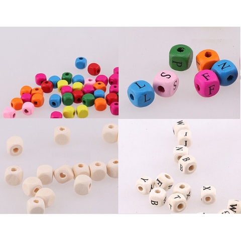 10-20 hạt gỗ vuông trơn& chữ nhiều màu làm đồ chơi, trang trí thủ công(5gam)