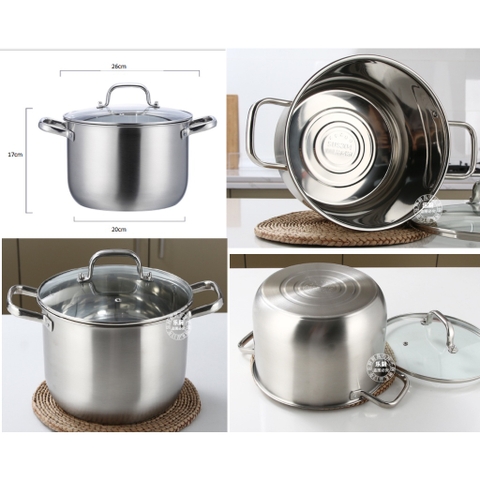 Nồi Inox 304 size 26cm cao  17cm phù hợp nấu nước hầm, nước lèo, soup... dùng các loại bếp , kể cả bếp từ