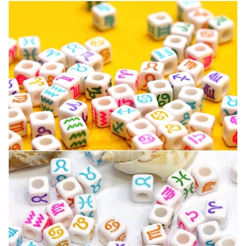 bộ 20/40/100 hạt nhựa vuông in chữ 12 cung hoàng đạo đủ màu