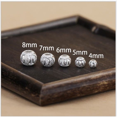 charm bạc 925 bi nhám khắc hoa văn tròn xỏ vòng hạt lỗ lớn 4/5/6/7/8mm