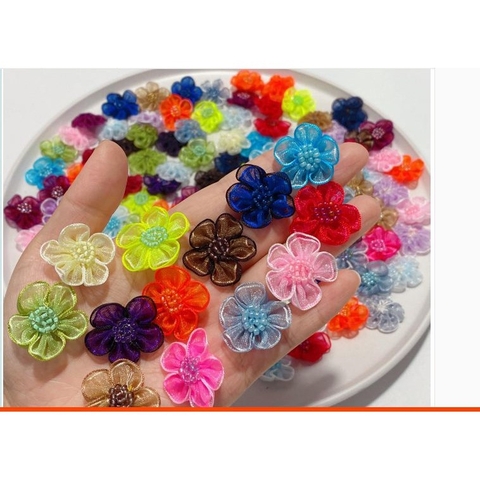 (p143-27) set 5-20 hoa  vải voan nhụy đính cườm 25mm dễ thương đính áo, trang trí handmade, cột tóc....