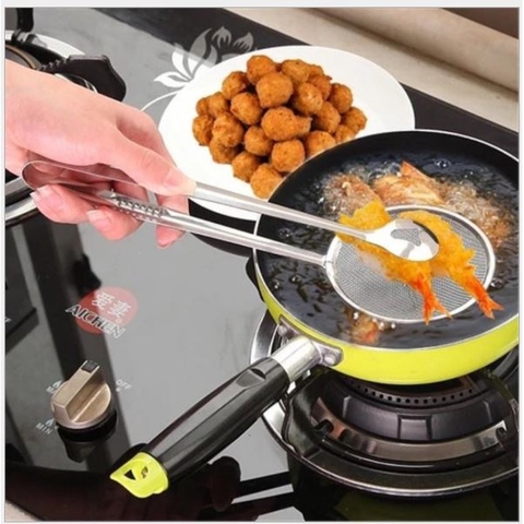 Vợt kẹp vớt đồ chiên ráo dầu kèm rây lưới vớt bọt, lọc dầu, lọc nước làm bằng thép, muôi gắp p191-60