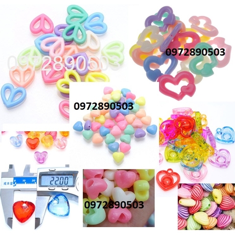 10gam hạt nhựa trái tim các loại có lỗ xỏ làm vòng tay, vòng cổ, handmade tùy thích...
