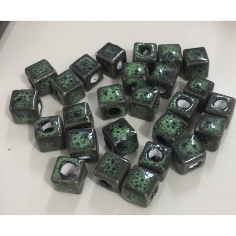 10 hạt gốm sứ vuông xanh hoa văn 9mm