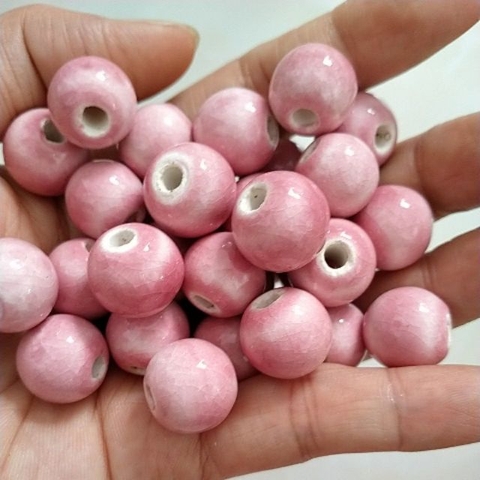 5viên đá gốm sứ hồng 14mm lỗ xỏ 5mm