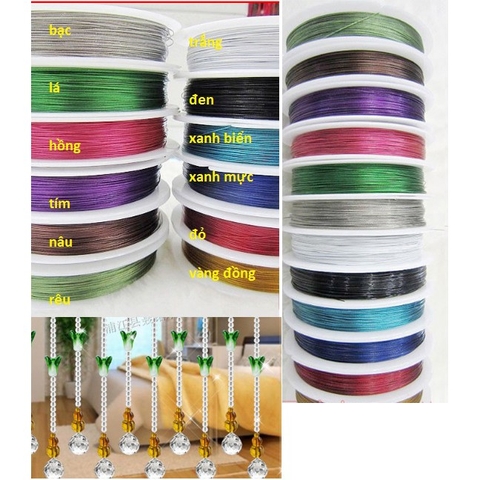 dây cáp, dây thép dẻo + chốt kẹp bi đầu dây 2.5mm xỏ hạt làm vòng, rèm màu xám
