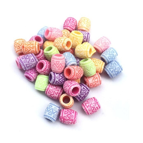 (P117-12) 10-50gam hạt nhựa ống xỏ trụ hoa văn 7x8mm, lỗ xỏ 3mm