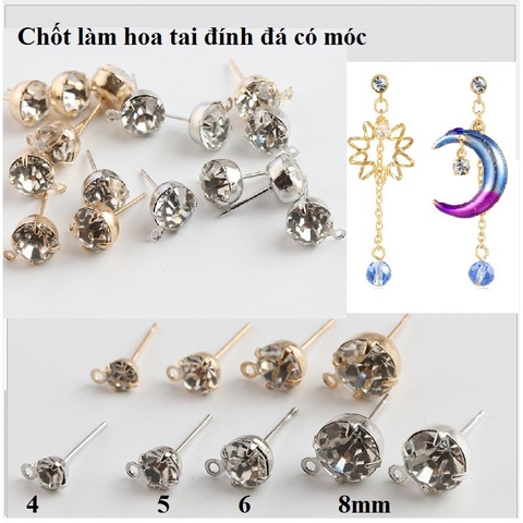 10 chốt làm hoa tai đinh đá có móc treo size 4-5-6-8mm