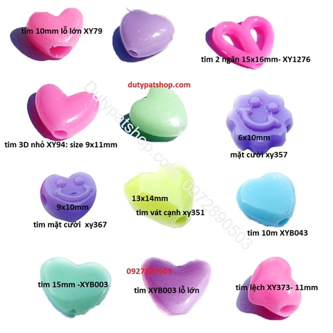 0.5kg Hạt mặt cười, trái tim các kiểu loai có lỗ xỏ dây dùng làm vòng hạt, đồ cột tóc, đồ chơi thủ công... (p225-1-10)