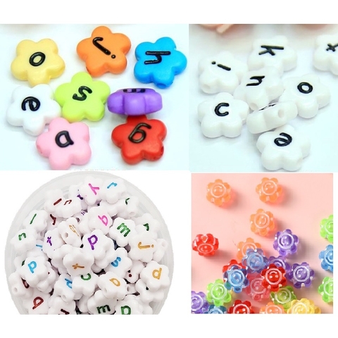 100-500gam hạt nhưa cánh hoa đủ màu in chữ cái size 12mm có lỗ xỏ làm vòng hạt, nguyên liệu trang trí handmade