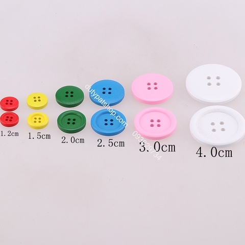 20-100 nút gỗ 4 lỗ nhiều màu nhiều size 1.2cm, 1.5cm, 2cm, 2.5cm, 3cm