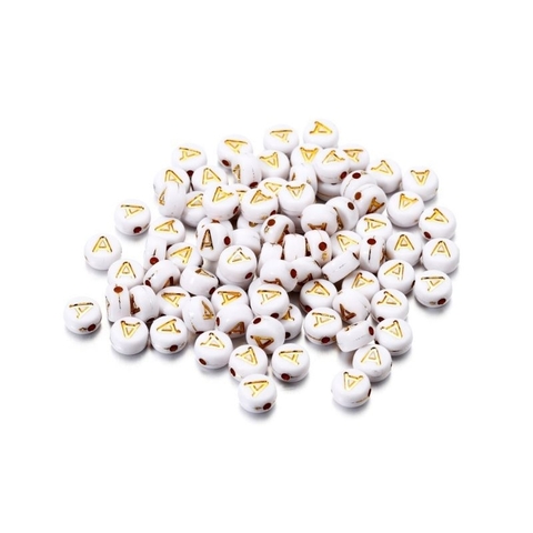 (chọn chữ) 50- 100 chữ nền trắng chữ vàng gold 4x7mm CÓ LỖ XỎ làm vòng hạt