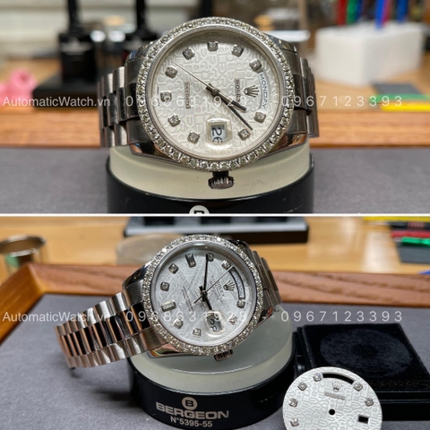 Lau dầu và độ mặt thiên thạch đồng hồ Rolex Day Date 36 118239 Mặt Số Vi Tính Bạc