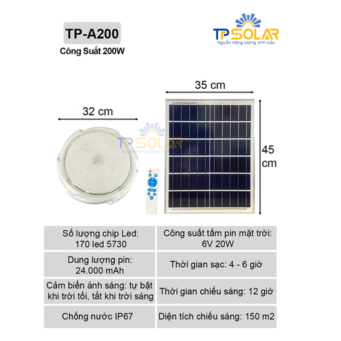 [200W] Đèn Áp Trần Năng Lượng Mặt Trời TP Solar TP-A200  Sang Trọng