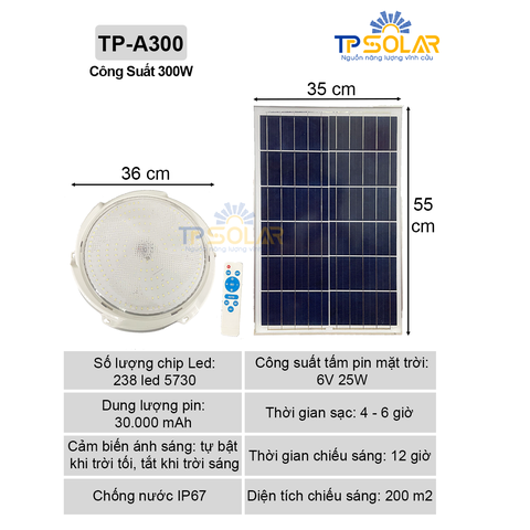 [300W] Đèn Áp Trần Năng Lượng Mặt Trời TP Solar  TP-A300