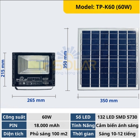 [60W] ĐÈN PHA NĂNG LƯỢNG MẶT TRỜI BẢN NÂNG CẤP TP SOLAR TP-K60 MỚI NHẤT