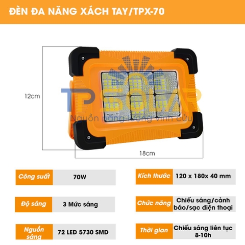 Đèn Xách Tay Đa Năng Năng Lượng Mặt Trời TP Solar TP-X70