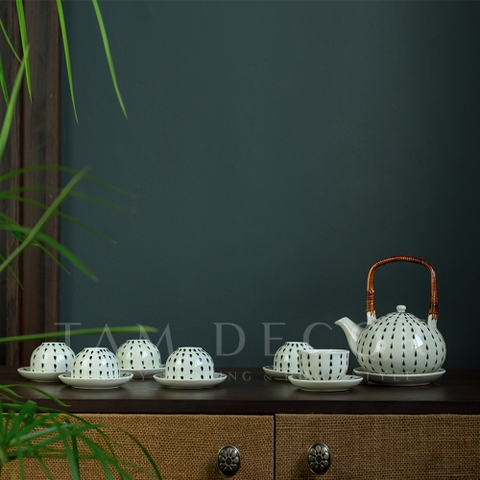 BỘ ẤM TRÀ GỐM BÁT TRÀNG CAO CẤP CHẤM MƯA ĐEN QUAI MÂY ĐỘC ĐÁO