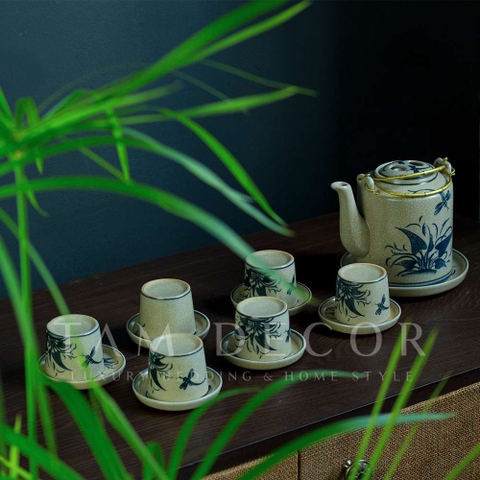 BỘ ẤM TRÀ GỐM BÁT TRÀNG CAO CẤP TÍCH HOA CỎ MEN RẠN DUNG TÍCH 700ML