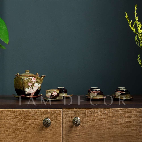 BỘ ẤM TRÀ GỐM BÁT TRÀNG CAO CẤP CHÉN VUÔNG MEN HỎA BIẾN VẼ SEN