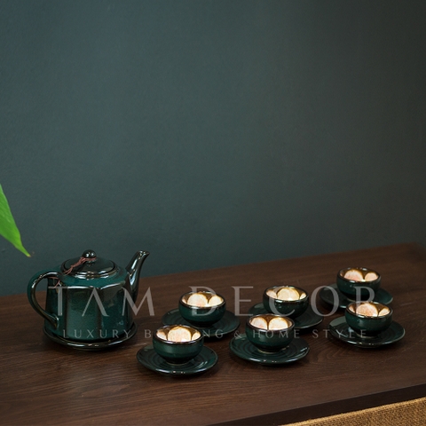 BỘ ẤM TRÀ GỐM BÁT TRÀNG CAO CẤP BÁT GIÁC CHÉN HOA HÀNG NGHỆ NHÂN