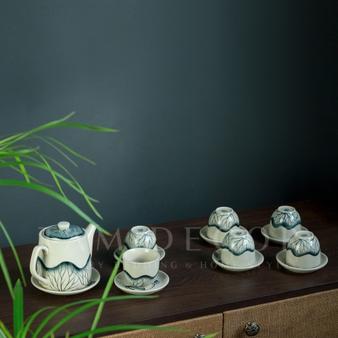 BỘ ẤM TRÀ GỐM BÁT TRÀNG CAO CẤP CHÉN QUẢ DƯA SEN RẠN DUNG TÍCH 600ML