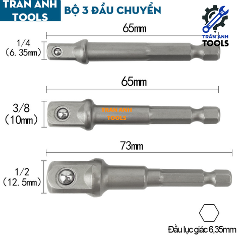 Bộ 3 đầu chuyển từ bắn vít sang bu lông các cỡ 1/4 3/8 1/2 đa năng, đầu chuyển từ máy vặn vít sang máy siết ốc