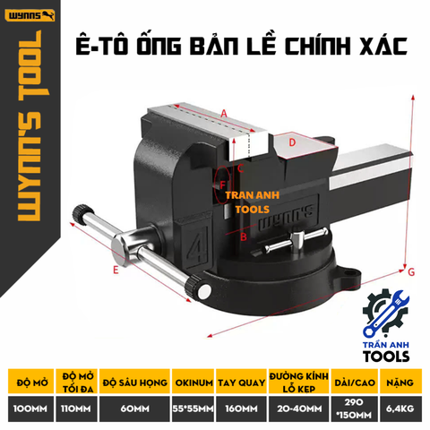Ê Tô Cố Định Bàn Màu Xám Wynn’s –   Mở Miệng Rộng, Kẹp Cứng,  Kẹp Chắc, Siết Chặt Không Trượt , Thân Dày Đúc Nguyên Khối, Dùng Cho Mộc – Sắt – DIY