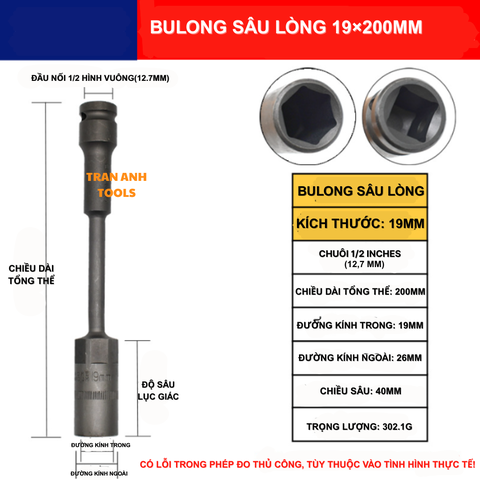 Khẩu vặn ốc lục giác dài 200mm chuôi 1/2 cỡ 8-19mm, thép CR-V dùng cho máy vặn ốc chuyên dụng, chịu lực cao