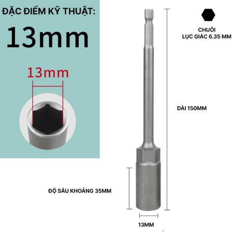 Đầu Chụp Lục Giác Dài 150mm Thép Crom Vanadi Siêu Bền Chuôi 6.35mm