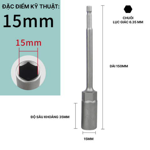 Đầu Chụp Lục Giác Dài 150mm Thép Crom Vanadi Siêu Bền Chuôi 6.35mm