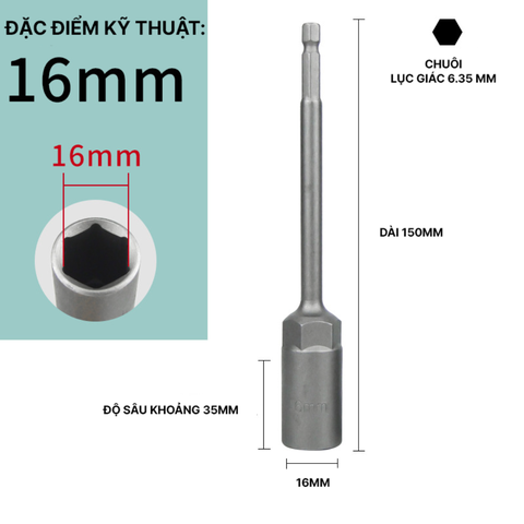 Đầu Chụp Lục Giác Dài 150mm Thép Crom Vanadi Siêu Bền Chuôi 6.35mm