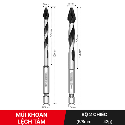 Mũi Khoan Lệch Tâm Đa Năng Wynn’s Tools Hợp Kim Sắc Bén Khoan Khô Ướt 6/8/10/12mm Siêu Bền Bỉ