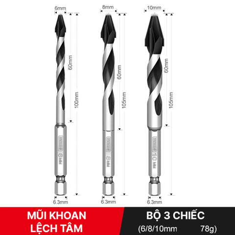 Mũi Khoan Lệch Tâm Đa Năng Wynn’s Tools Hợp Kim Sắc Bén Khoan Khô Ướt 6/8/10/12mm Siêu Bền Bỉ