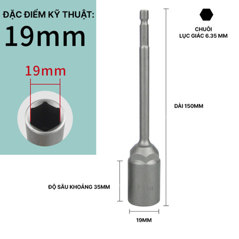 Đầu Chụp Lục Giác Dài 150mm Thép Crom Vanadi Siêu Bền Chuôi 6.35mm