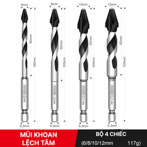 Combo 4 mũi khoan lệch tâm 6 + 8 +10 +12 Wynn's